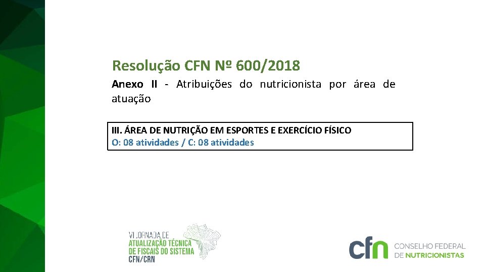 Resolução CFN Nº 600/2018 Anexo II - Atribuições do nutricionista por área de atuação