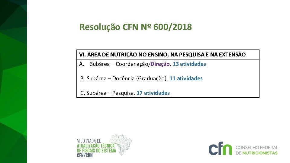 Resolução CFN Nº 600/2018 VI. ÁREA DE NUTRIÇÃO NO ENSINO, NA PESQUISA E NA