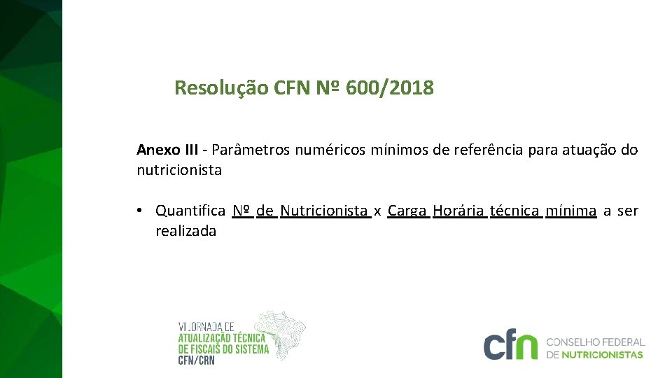 Resolução CFN Nº 600/2018 Anexo III - Parâmetros numéricos mínimos de referência para atuação