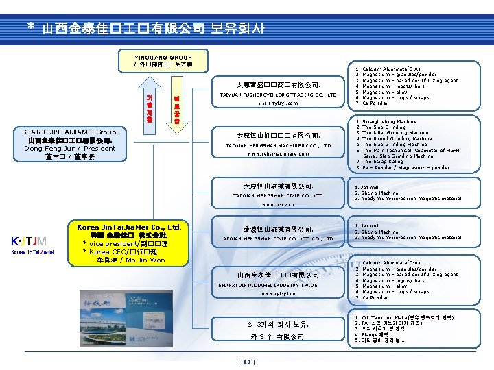 * 山西金泰佳� �有限公司 보유회사 YINGUANG GROUP / 外�部部� 金万福 太原富盛��商�有限公司. 기 술 제 휴