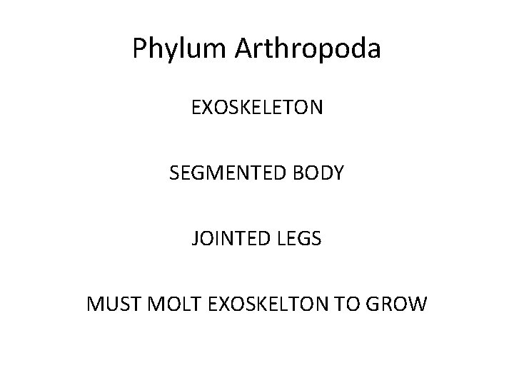 Phylum Arthropoda EXOSKELETON SEGMENTED BODY JOINTED LEGS MUST MOLT EXOSKELTON TO GROW 