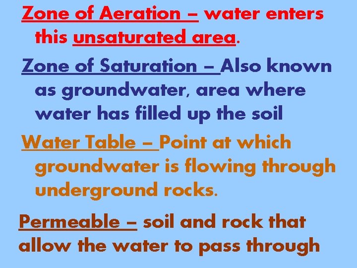 Zone of Aeration – water enters this unsaturated area. Zone of Saturation – Also