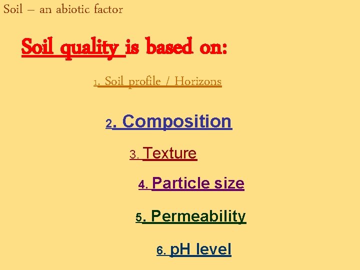 Soil – an abiotic factor Soil quality is based on: 1. Soil profile /