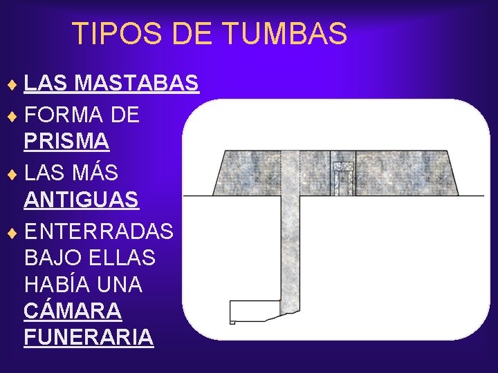 TIPOS DE TUMBAS ¨ LAS MASTABAS ¨ FORMA DE PRISMA ¨ LAS MÁS ANTIGUAS