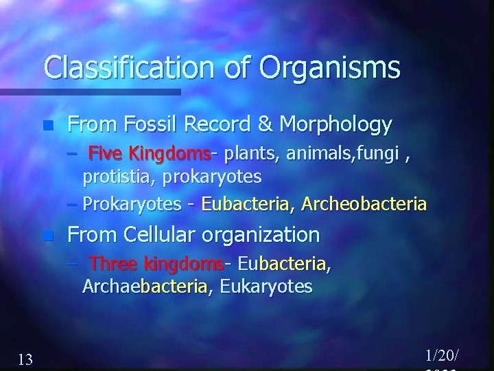 Classification of Organisms n From Fossil Record & Morphology – Five Kingdoms- plants, animals,