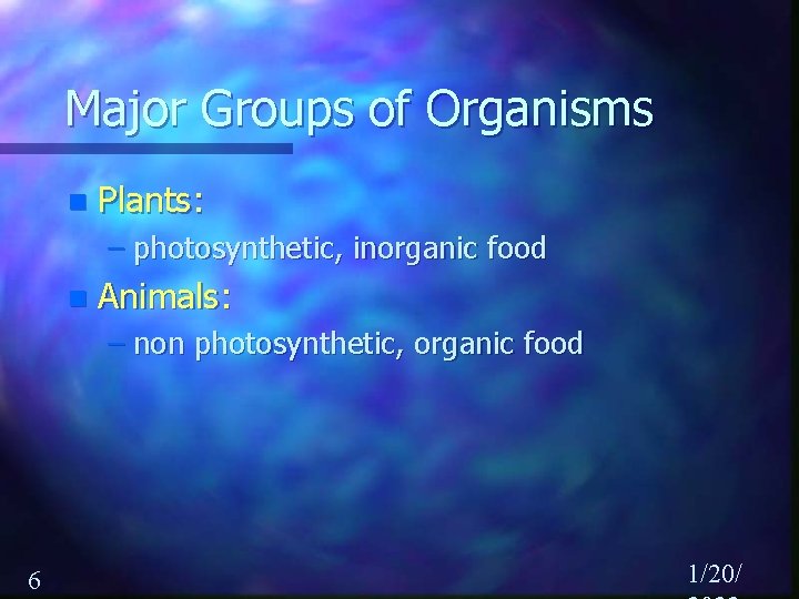 Major Groups of Organisms n Plants: – photosynthetic, inorganic food n Animals: – non