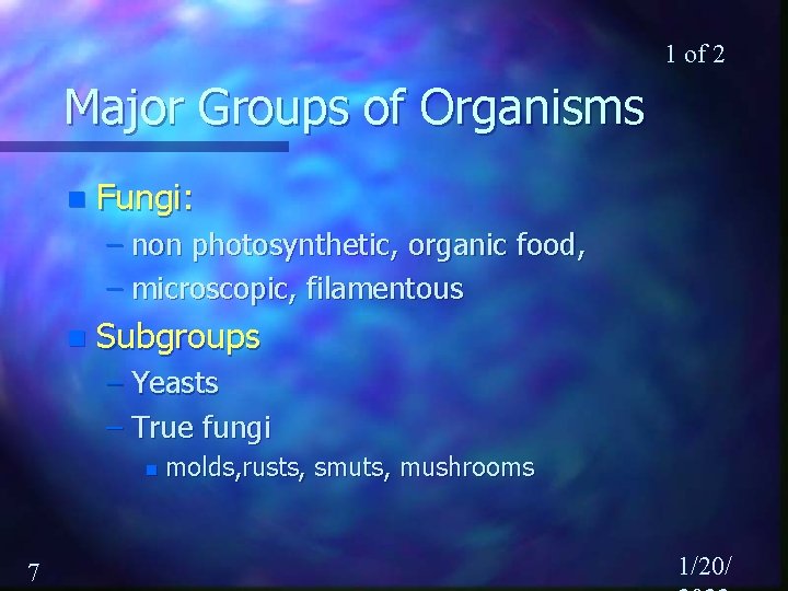 1 of 2 Major Groups of Organisms n Fungi: – non photosynthetic, organic food,