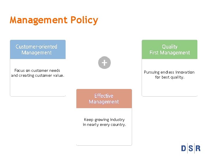 Management Policy Focus on customer needs and creating customer value. Pursuing endless innovation for