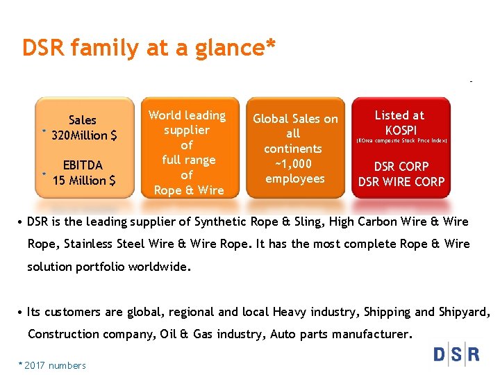 DSR family at a glance* * * Sales 320 Million $ EBITDA 15 Million