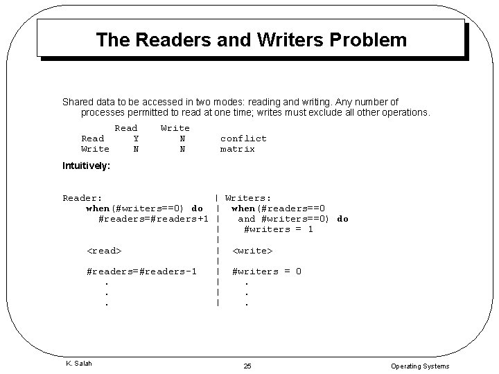 The Readers and Writers Problem Shared data to be accessed in two modes: reading