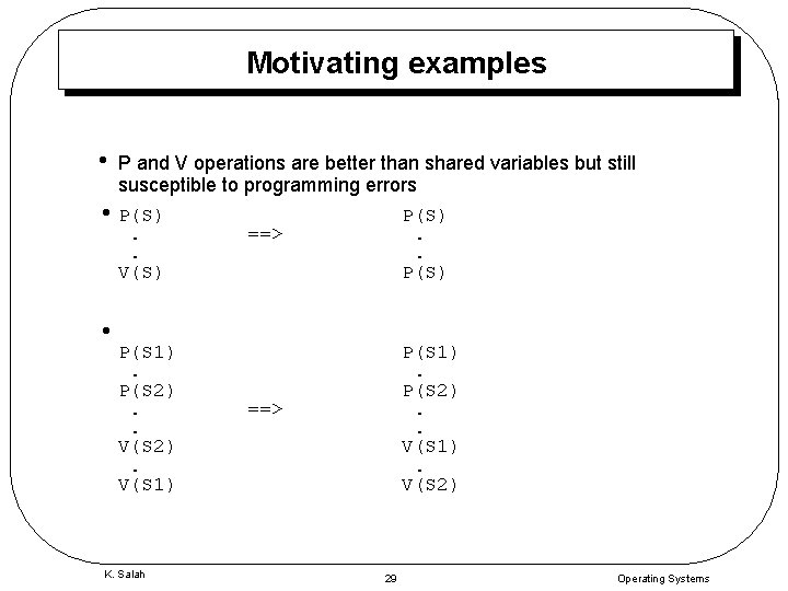 Motivating examples • P and V operations are better than shared variables but still