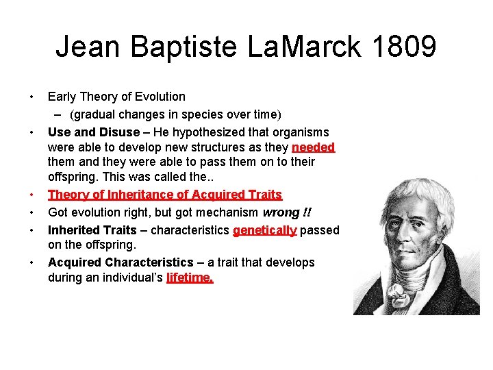 Jean Baptiste La. Marck 1809 • • • Early Theory of Evolution – (gradual