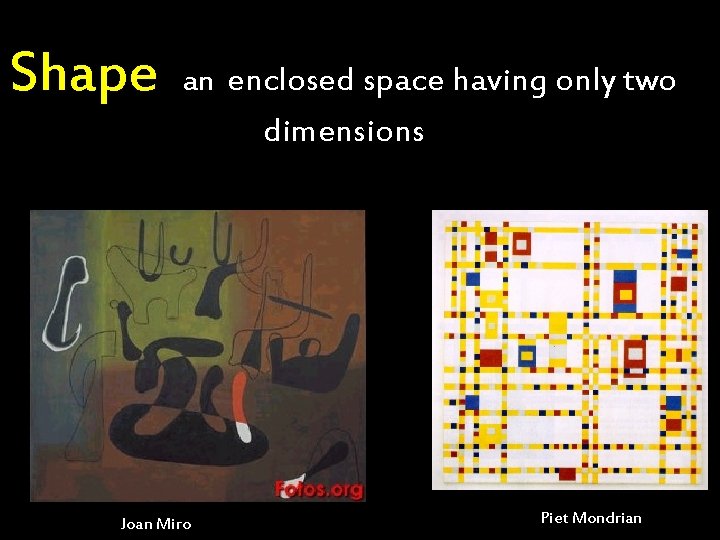 Shape an enclosed space having only two dimensions Joan Miro Piet Mondrian 