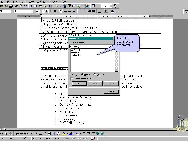 The list of all bookmarks is generated 