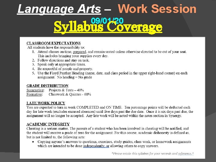 Language Arts – Work Session 09/01/20 Syllabus Coverage 