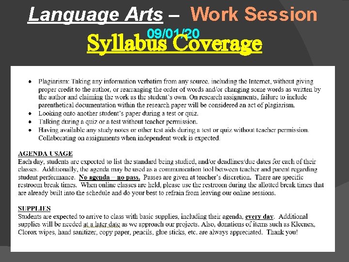 Language Arts – Work Session 09/01/20 Syllabus Coverage 