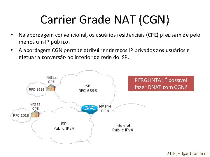 Carrier Grade NAT (CGN) • Na abordagem convencional, os usuários residenciais (CPE) precisam de