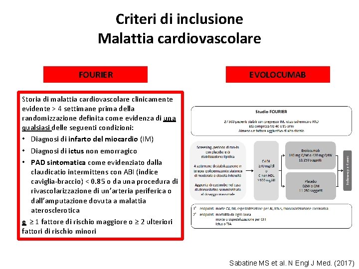 Criteri di inclusione Malattia cardiovascolare FOURIER EVOLOCUMAB Storia di malattia cardiovascolare clinicamente evidente >