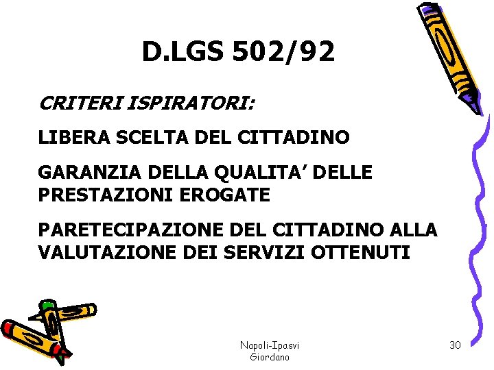 D. LGS 502/92 CRITERI ISPIRATORI: LIBERA SCELTA DEL CITTADINO GARANZIA DELLA QUALITA’ DELLE PRESTAZIONI