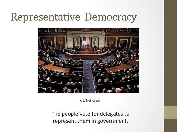 Representative Democracy CONGRESS The people vote for delegates to represent them in government. 