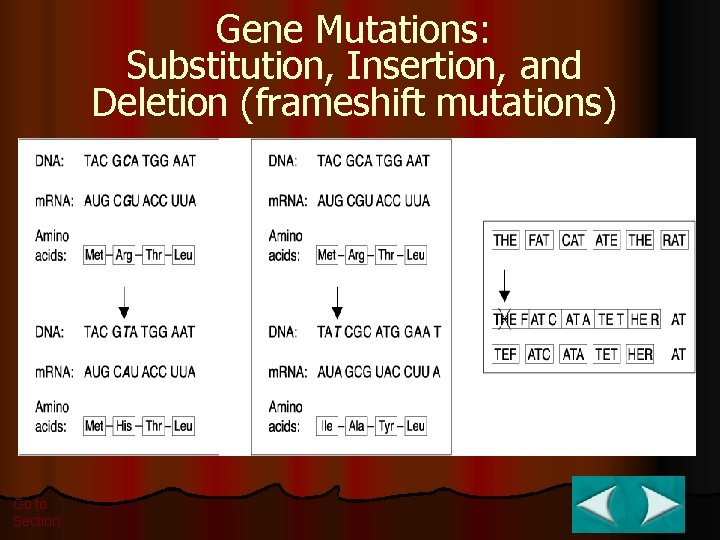 Gene Mutations: Substitution, Insertion, and Deletion (frameshift mutations) Substitution Go to Section: Insertion Deletion