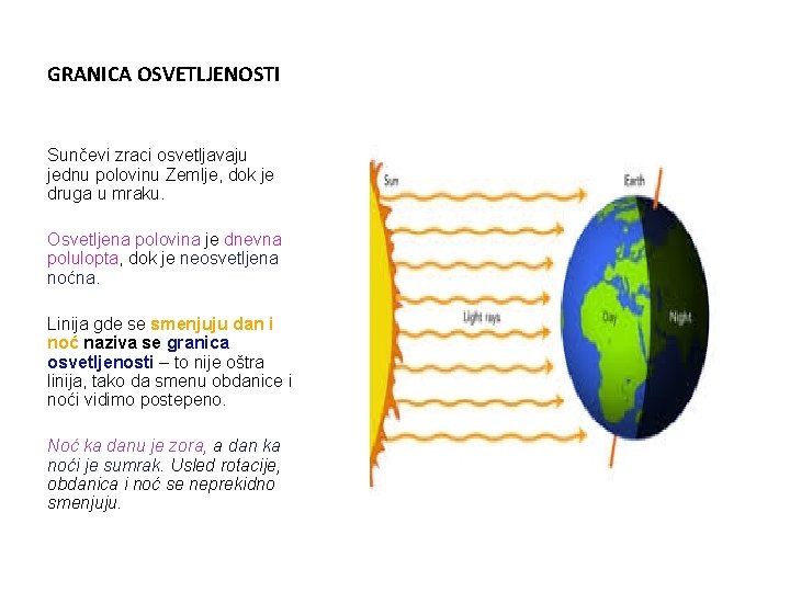 GRANICA OSVETLJENOSTI Sunčevi zraci osvetljavaju jednu polovinu Zemlje, dok je druga u mraku. Osvetljena