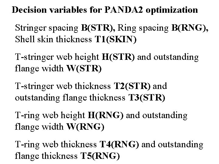 Decision variables for PANDA 2 optimization Stringer spacing B(STR), Ring spacing B(RNG), Shell skin