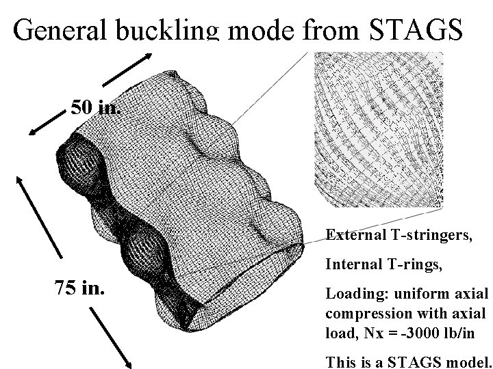 General buckling mode from STAGS 50 in. External T-stringers, Internal T-rings, 75 in. Loading: