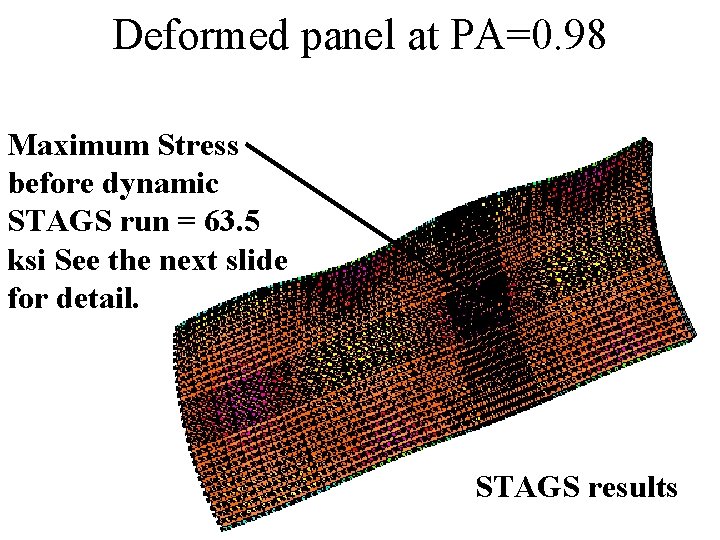Deformed panel at PA=0. 98 Maximum Stress before dynamic STAGS run = 63. 5