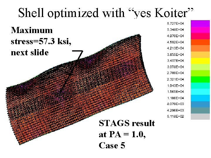 Shell optimized with “yes Koiter” Maximum stress=57. 3 ksi, next slide STAGS result at