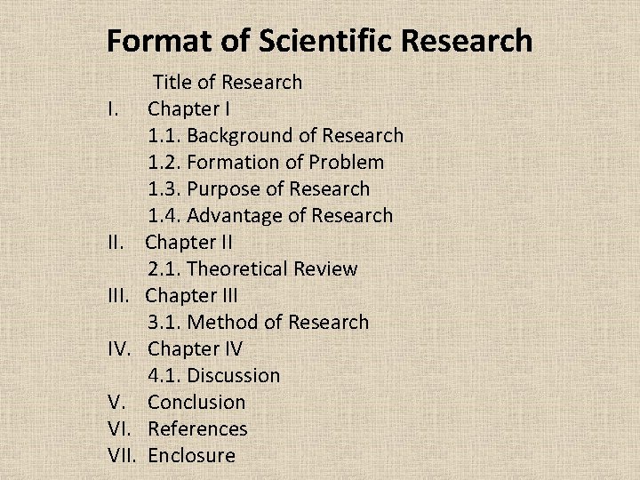 Format of Scientific Research I. II. III. IV. V. VII. Title of Research Chapter