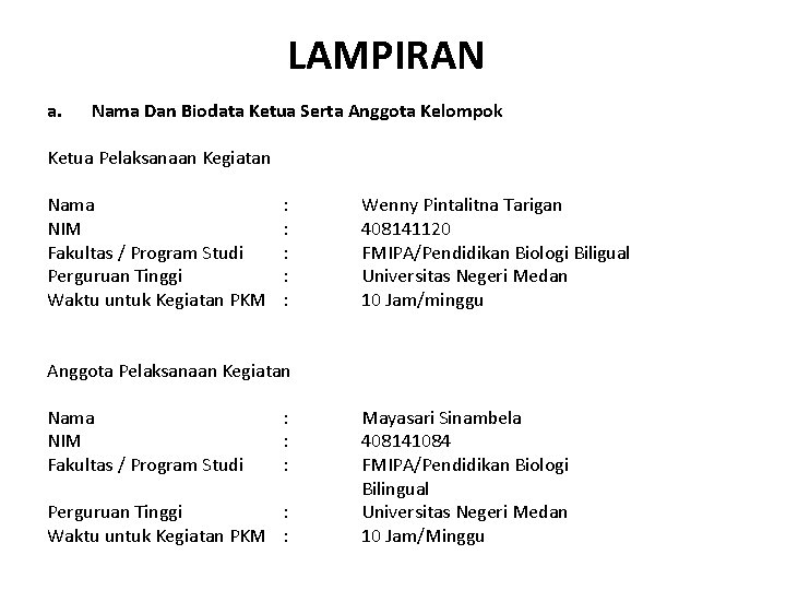 LAMPIRAN a. Nama Dan Biodata Ketua Serta Anggota Kelompok Ketua Pelaksanaan Kegiatan Nama NIM