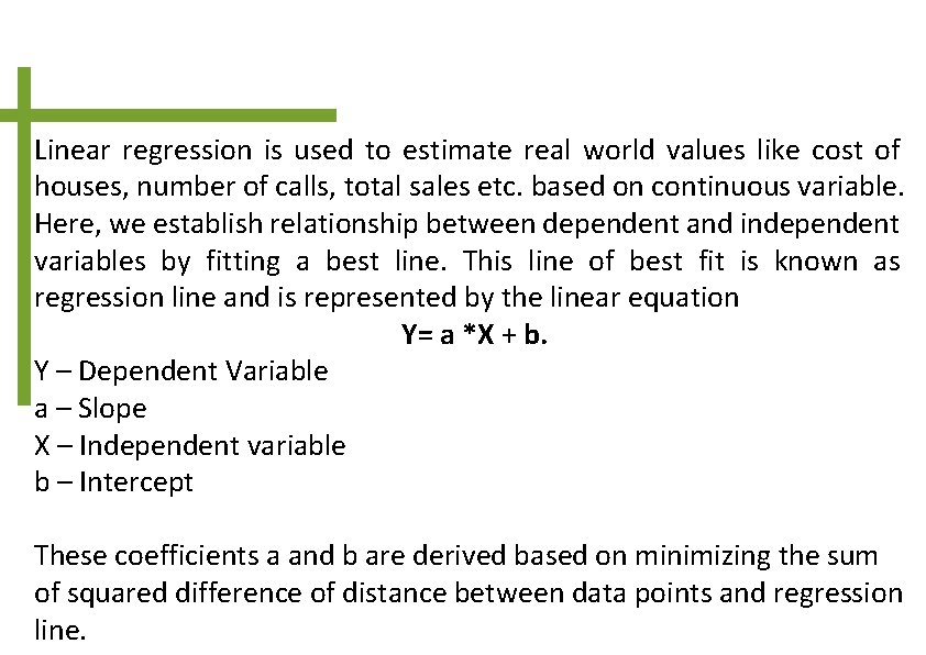 Linear regression is used to estimate real world values like cost of houses, number