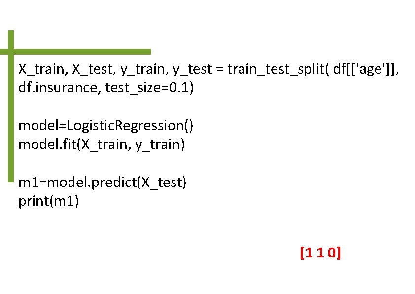 X_train, X_test, y_train, y_test = train_test_split( df[['age']], df. insurance, test_size=0. 1) model=Logistic. Regression() model.