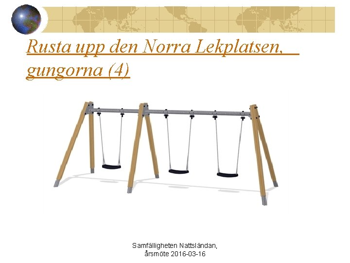 Rusta upp den Norra Lekplatsen, gungorna (4) Samfälligheten Nattsländan, årsmöte 2016 -03 -16 