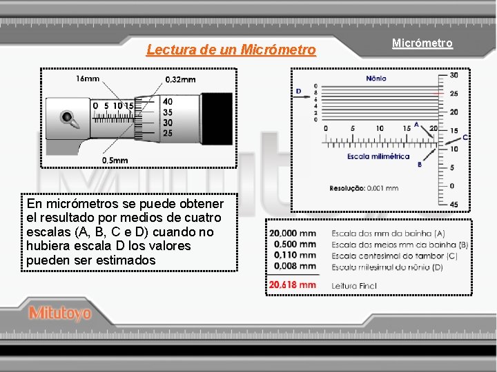 Lectura de un Micrómetro En micrómetros se puede obtener el resultado por medios de