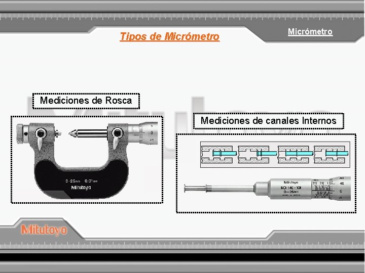 Tipos de Micrómetro Mediciones de Rosca Mediciones de canales Internos 