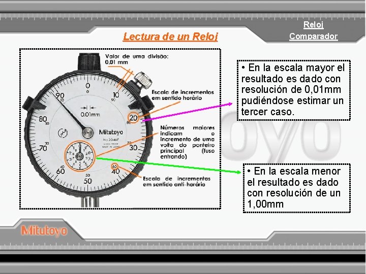 Lectura de un Reloj Comparador • En la escala mayor el resultado es dado