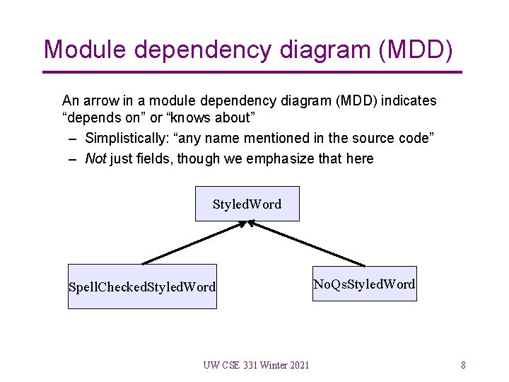 Module dependency diagram (MDD) An arrow in a module dependency diagram (MDD) indicates “depends