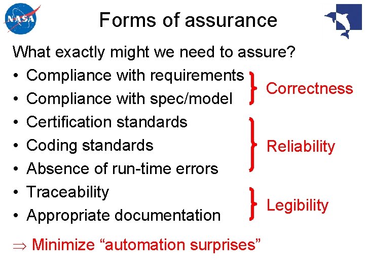 Forms of assurance What exactly might we need to assure? • Compliance with requirements