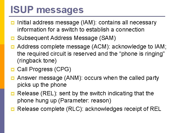 ISUP messages p p p p Initial address message (IAM): contains all necessary information ISUP messages p p p p Initial address message (IAM): contains all necessary information