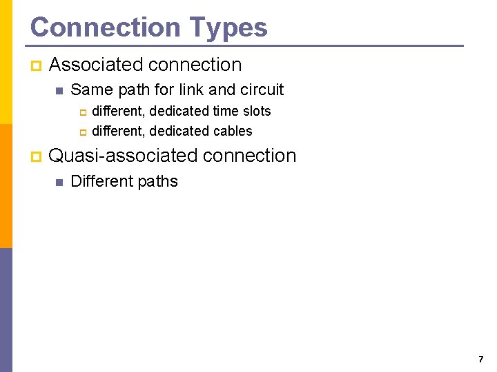 Connection Types p Associated connection n Same path for link and circuit different, dedicated Connection Types p Associated connection n Same path for link and circuit different, dedicated