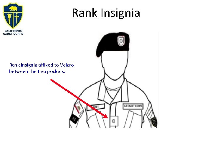 Rank Insignia Rank insignia affixed to Velcro between the two pockets. 