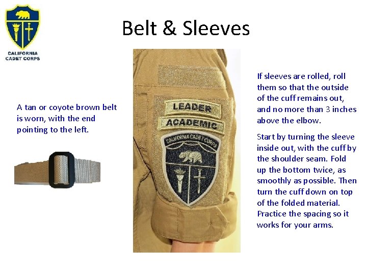 Belt & Sleeves A tan or coyote brown belt is worn, with the end
