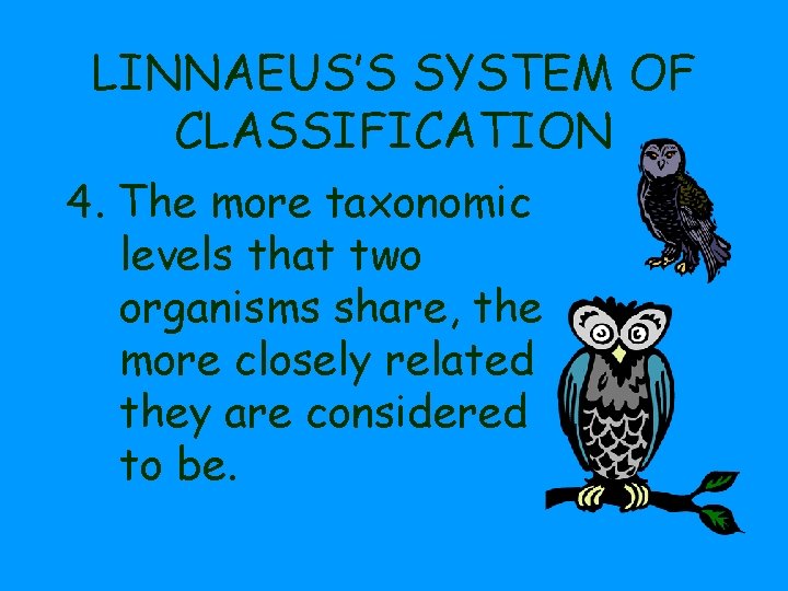 LINNAEUS’S SYSTEM OF CLASSIFICATION 4. The more taxonomic levels that two organisms share, the