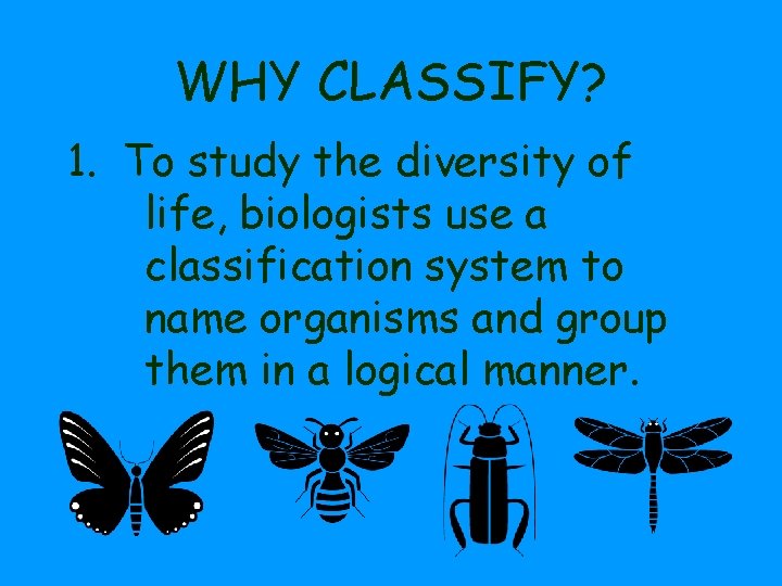 WHY CLASSIFY? 1. To study the diversity of life, biologists use a classification system