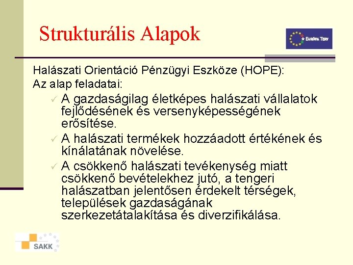 Strukturális Alapok Halászati Orientáció Pénzügyi Eszköze (HOPE): Az alap feladatai: A gazdaságilag életképes halászati