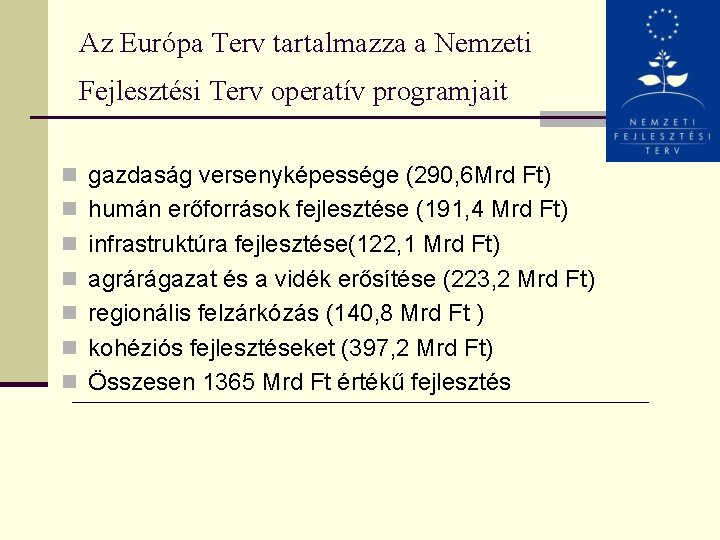 Az Európa Terv tartalmazza a Nemzeti Fejlesztési Terv operatív programjait n gazdaság versenyképessége (290,