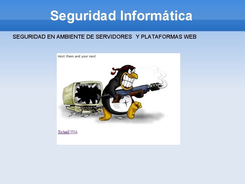 Seguridad Informática SEGURIDAD EN AMBIENTE DE SERVIDORES Y PLATAFORMAS WEB Seguridad Informática SEGURIDAD EN AMBIENTE DE SERVIDORES Y PLATAFORMAS WEB