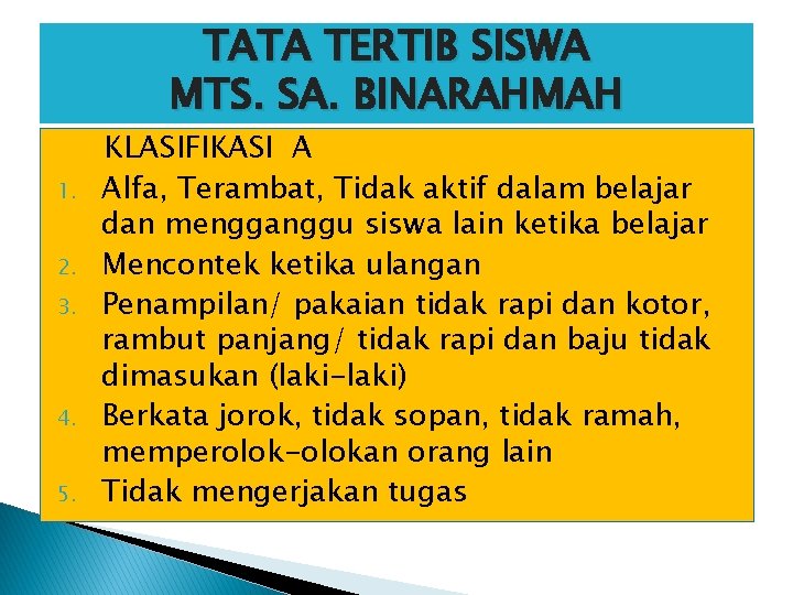 TATA TERTIB SISWA MTS. SA. BINARAHMAH 1. 2. 3. 4. 5. KLASIFIKASI A Alfa,